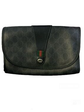 Vintage Gucci Sherry Line Black Coated Canvas GG Logo Print Pouch Clutch Bag